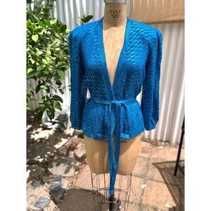 VTG 1980s St. John Sky Blu Round Metallic Paillettes Belted LS Wrap Sweater SZ M
